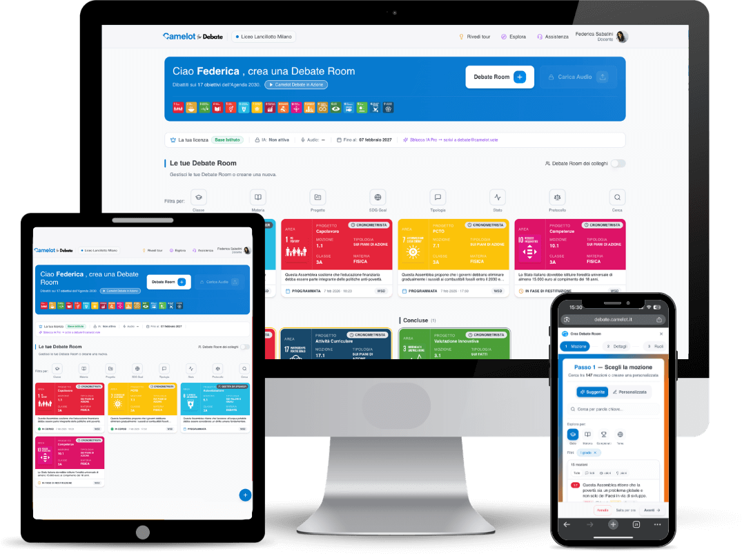 Camelot for Debate su computer, tablet e smartphone: la homepage del docente con le Debate Room