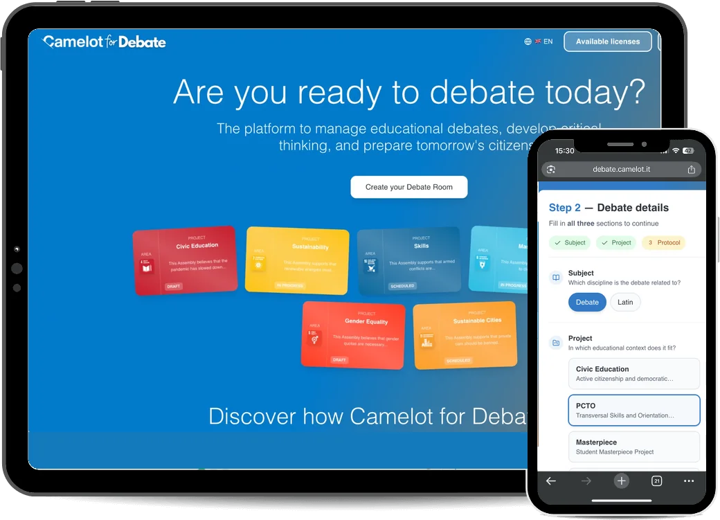 Camelot for Debate on tablet and smartphone: the app's entry page with Debate Rooms coloured by project and, on the phone, step 2 of creating a room