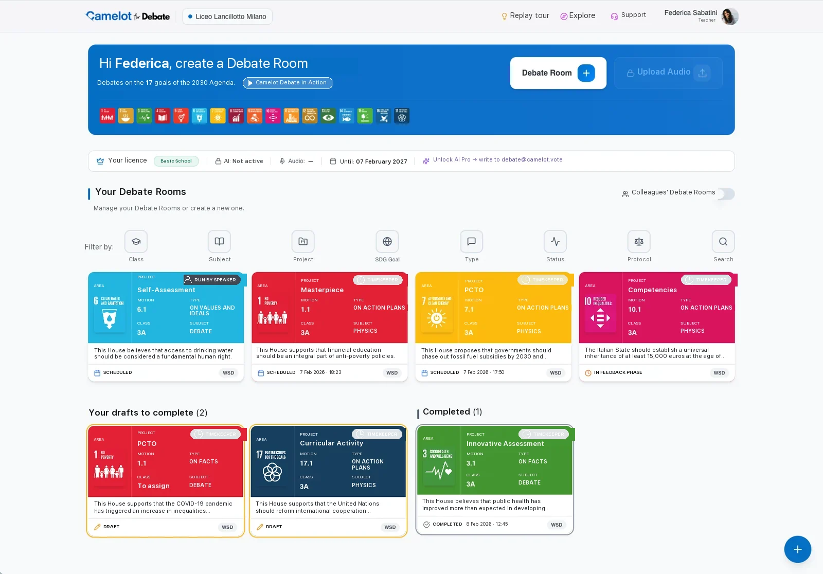 Teacher's homepage in Camelot for Debate: the 17 goals of the 2030 Agenda, filters by class, subject, project, type, status and format, and the Debate Rooms created