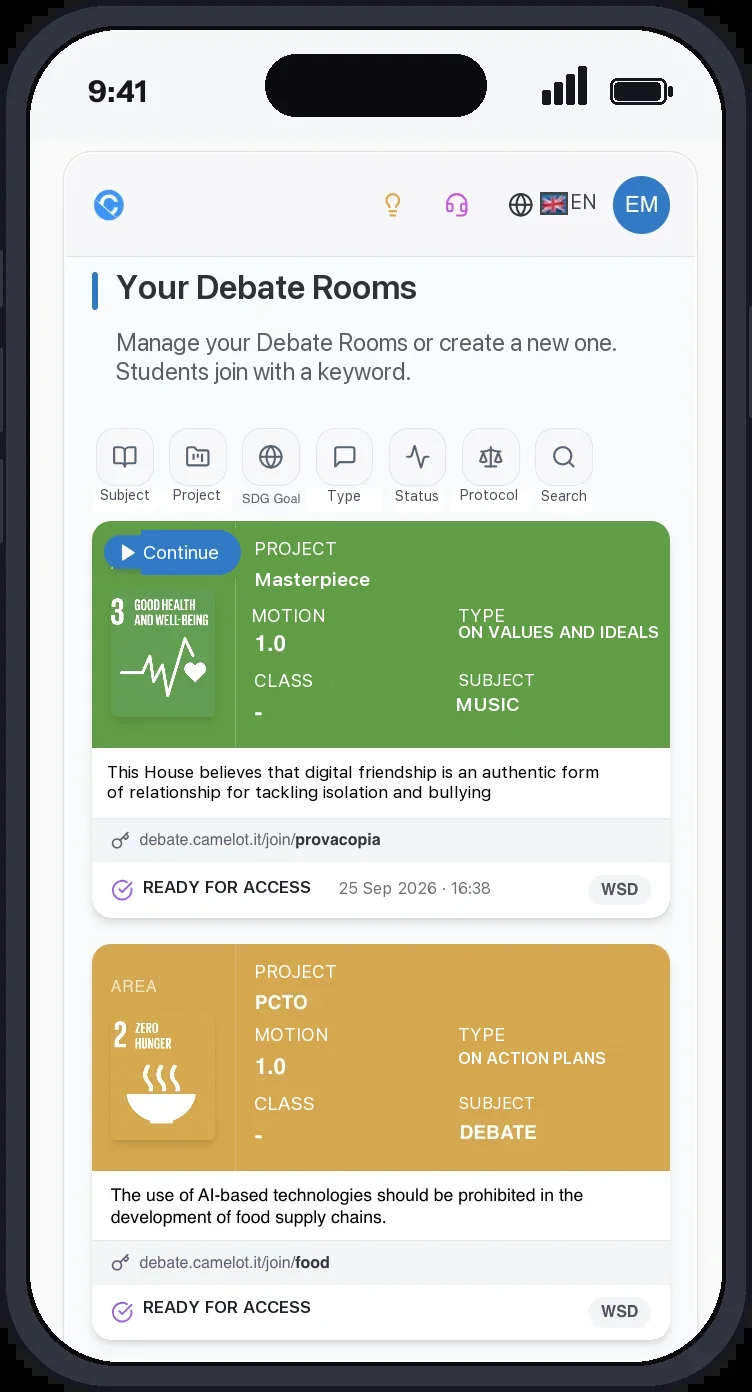 Camelot for Debate on a smartphone: the teacher's list of Debate Rooms, each with motion, format and the link with the keyword that lets students in