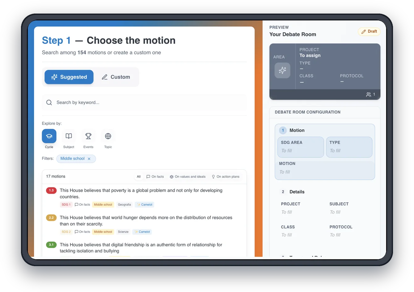 Camelot for Debate on a tablet, step 1 of creating a Debate Room: searching the suggested motions by school level, subject, events and topic, with the room preview on the right