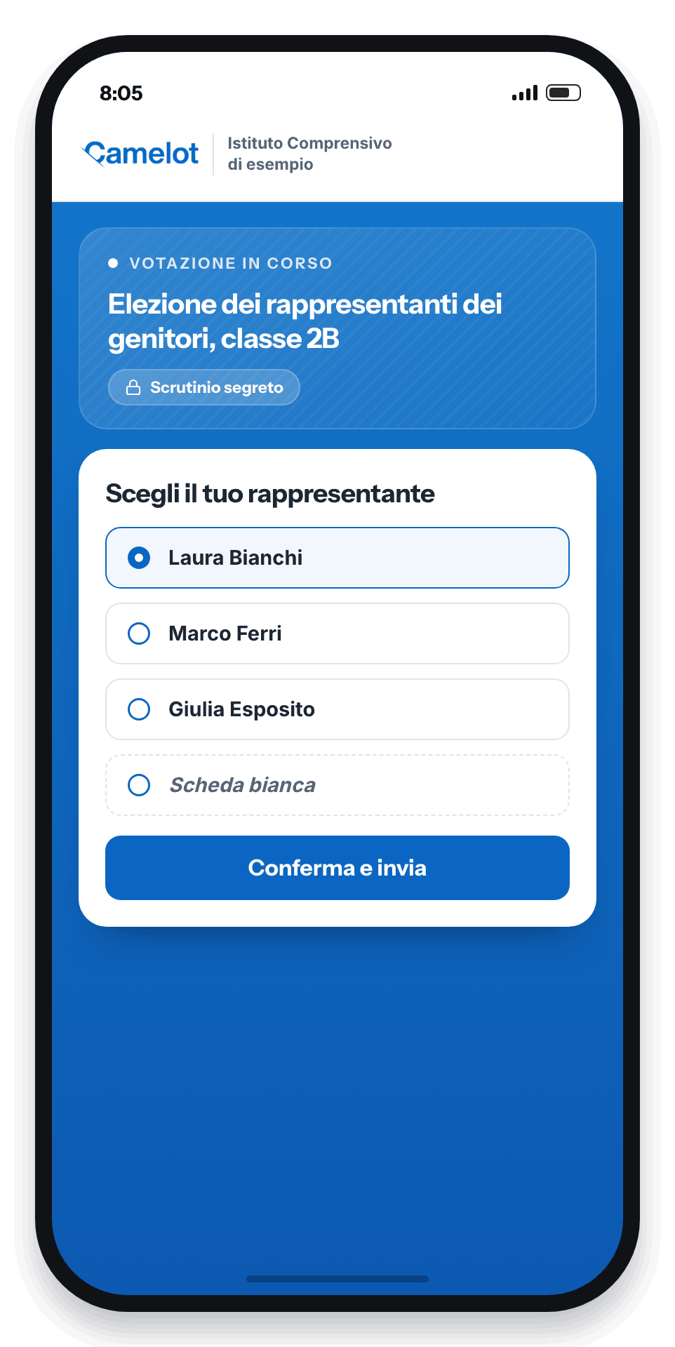 Camelot Voto su smartphone, la scheda di un'elezione dei rappresentanti dei genitori con tre candidati, scheda bianca e pulsante Conferma e invia