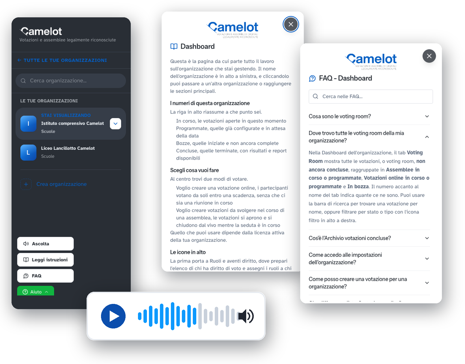 Le sezioni di supporto Istruzioni, FAQ e Audio dentro la piattaforma Camelot, con il tasto Aiuto e il lettore audio