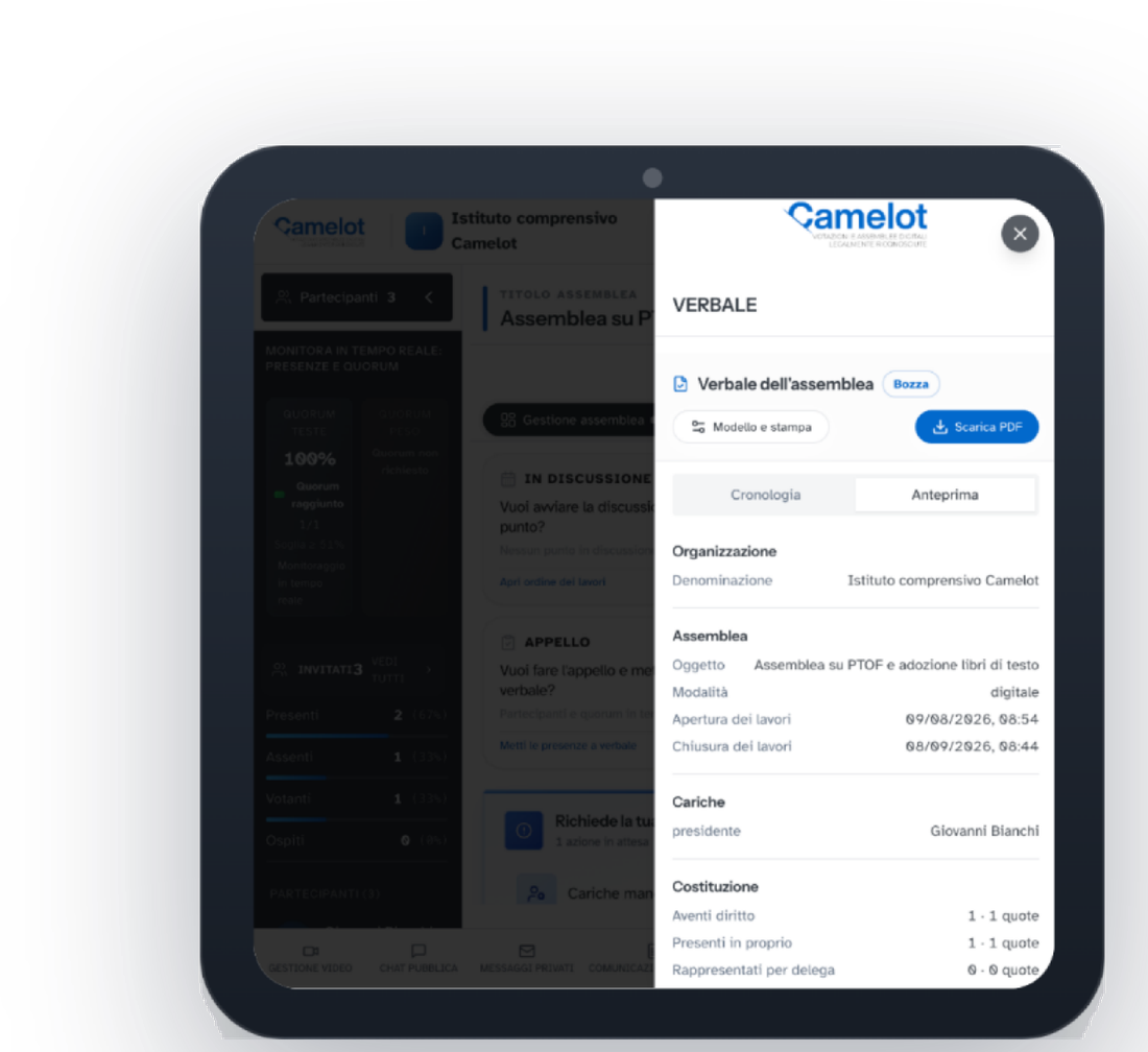 Schermata Camelot su tablet con il pannello dell'assemblea, il quorum in tempo reale e il verbale in bozza