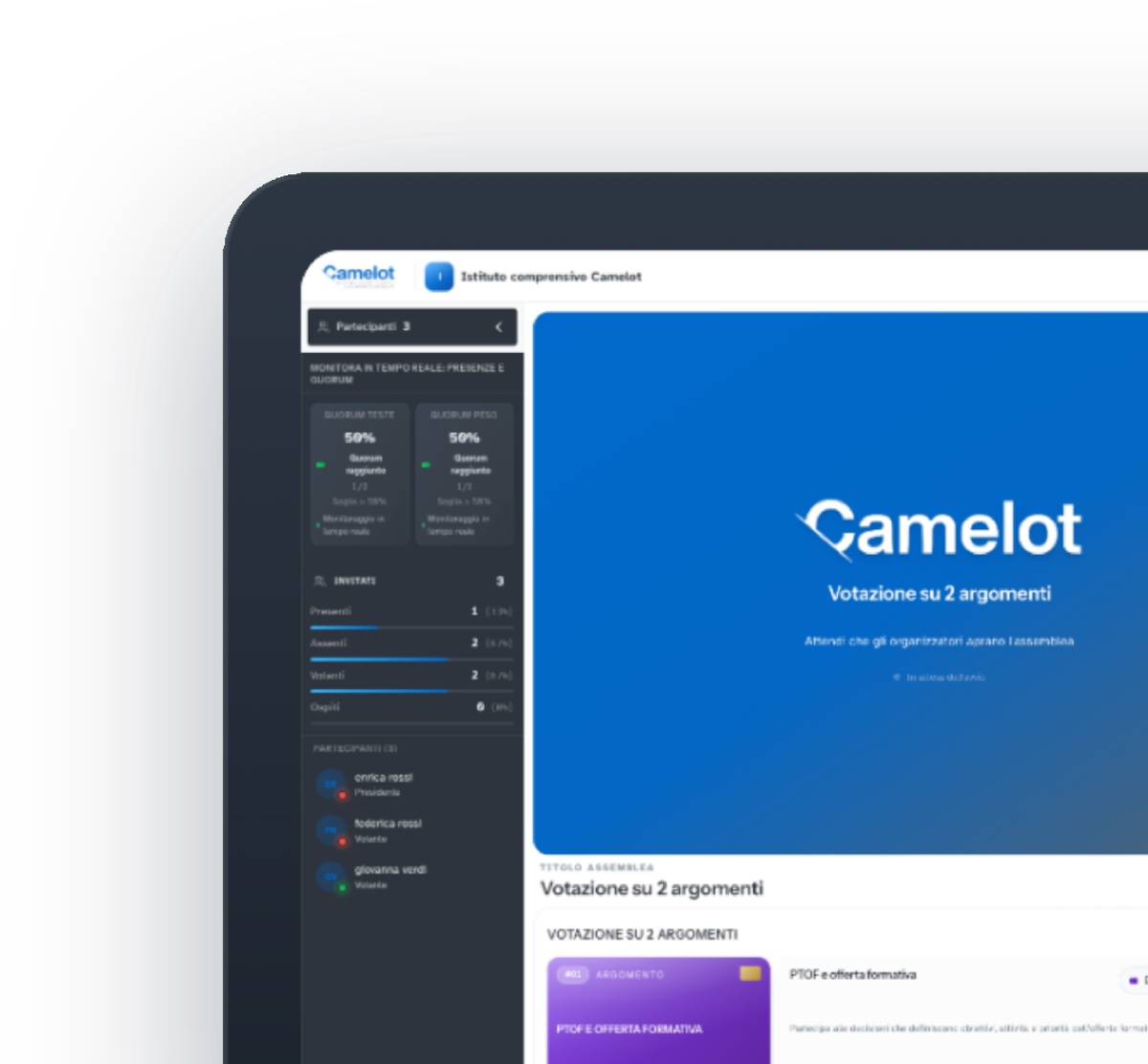 Schermata Camelot su computer con una votazione su due argomenti del collegio dei docenti e il pannello di gestione a lato