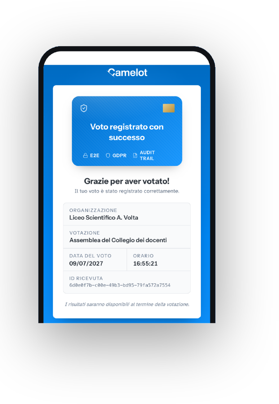Schermata Camelot su smartphone con la ricevuta di voto registrato